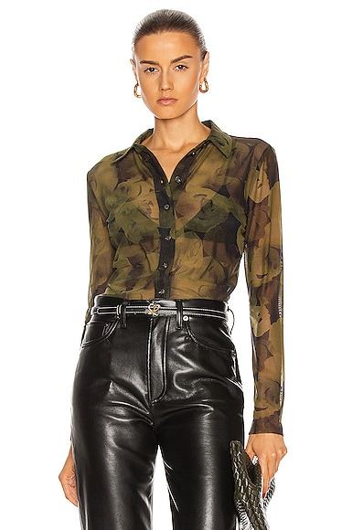Ganni Printed Mesh Top in Olive Drab | FWRD