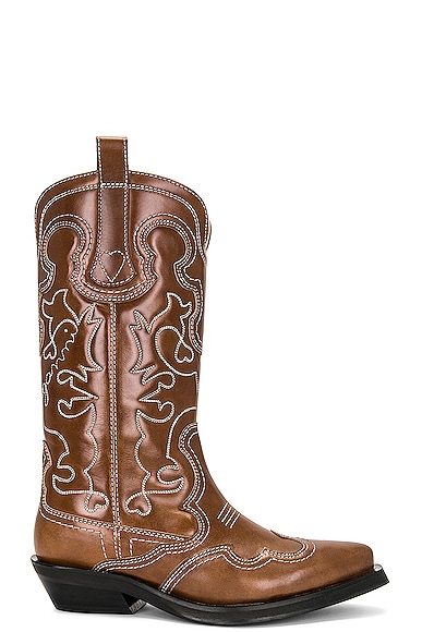 Ganni 40mm Mid Shaft Embroidered Western Boots In Tigers Eye