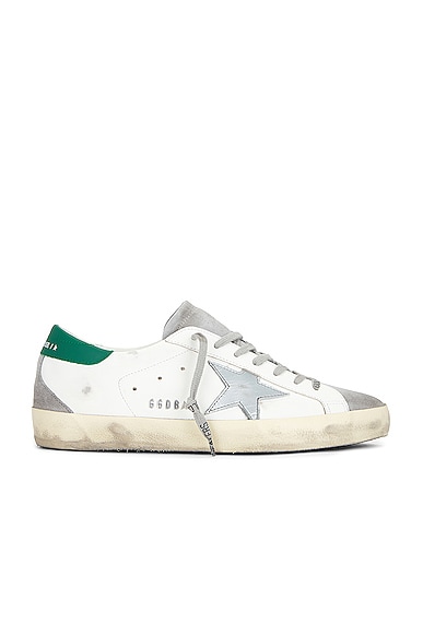 Golden Goose Super Star Leather Suede Toe in White, Grey, & Green