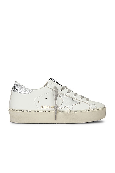 Golden Goose Hi Star Leather Upper Sneaker in White & Silver