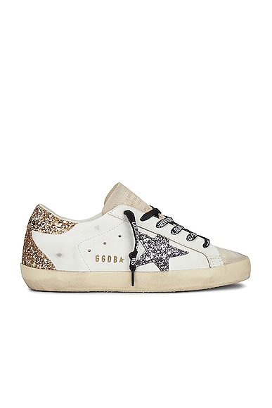 Golden Goose Super Star Leather Sneaker in Optic White, Seed Pearl, Black & Gold