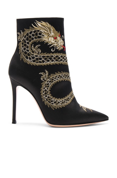 Gianvito Rossi Satin Embroidered Dragon Booties in Black | FWRD