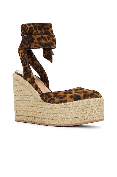 Shop Gianvito Rossi Wrap Around Wedge In Almond Leopard Print & Natural