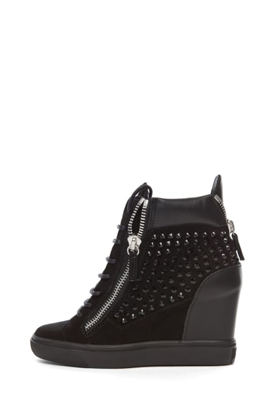 Giuseppe Zanotti Suede & Leather Embellished Wedge Sneakers in Black | FWRD