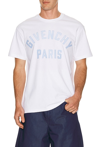 Givenchy Paris Applique Ribbon Regular Fit T-Shirt in White & Light Blue