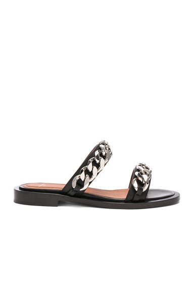 Leather Two Strap Chain Flat Sandals