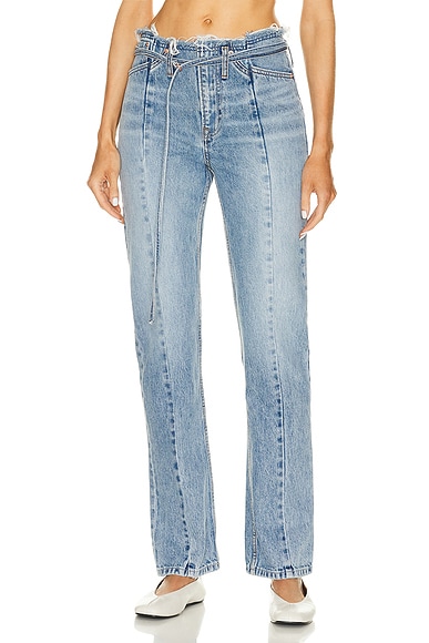 Adriana Belted Frayed Waist Slim Straight Jeans