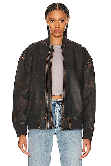 GRLFRND Distressed Leather Oversized Bomber in Chocolate Brown