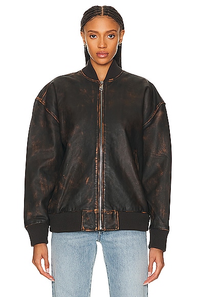 Shop Grlfrnd Distressed Leather Oversized Bomber In Chocolate Brown
