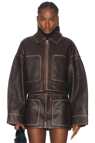 GRLFRND Cropped Leather Patch Pocket Jacket in Brown | FWRD