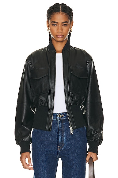 The Cropped Leather Bomber in Black