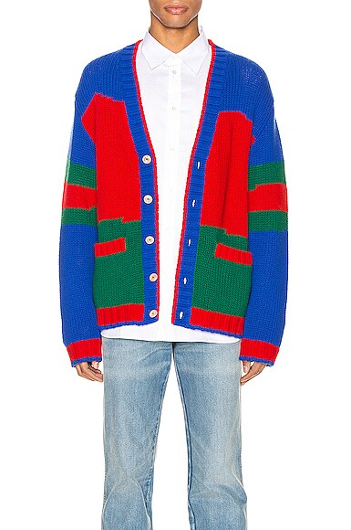 GUCCI GUCCI OVERSIZE STRIPED WOOL CARDIGAN IN LIVE RED & INK & MULTI,GUCC-MK3