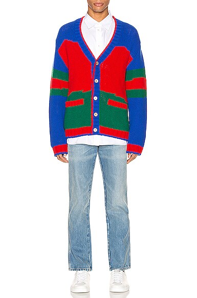 GUCCI GUCCI OVERSIZE STRIPED WOOL CARDIGAN IN LIVE RED & INK & MULTI,GUCC-MK3