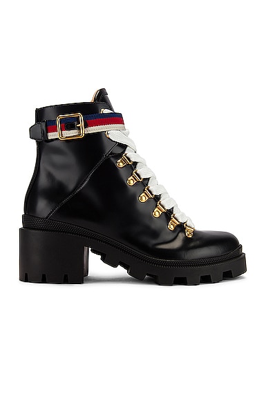 Gucci Grosgrain-trimmed Leather Ankle Boots In Black & Red