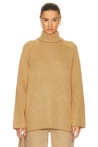 Guest In Residence Tri Rib Turtleneck Sweater in Almond, Coral, & Yellow