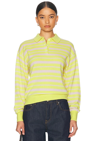 Guest In Residence Collegiate Stripe Polo Cashmere Sweater in Lemon Combo