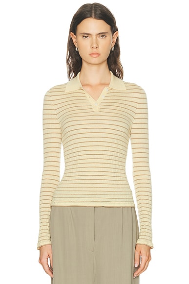 Guest In Residence Smocked Long Sleeve Shrunken Polo Top in Butter & Camel