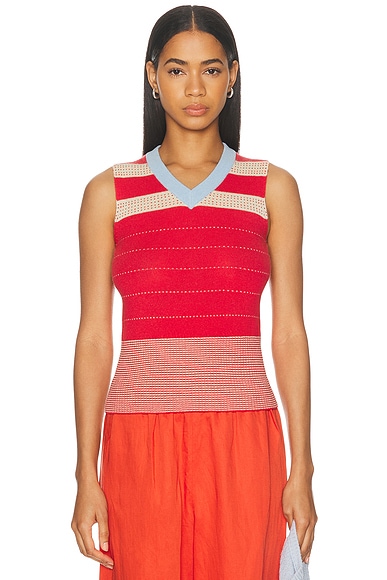 Guest In Residence Collegiate Stripe Vest Top in Scarlet Combo