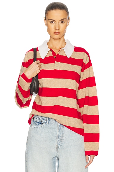 Guest In Residence Striped Rugby Cashmere Top in Dune & True Red Stripe