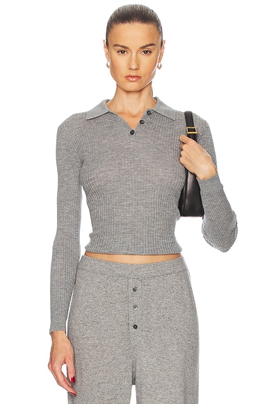Guest In Residence Long Sleeve Shrunken Cashmere Polo in Heather Grey