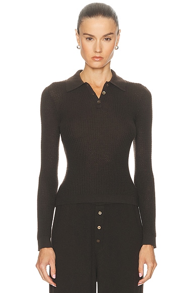 Guest In Residence Long Sleeve Shrunken Polo Top in Burnt Cocoa