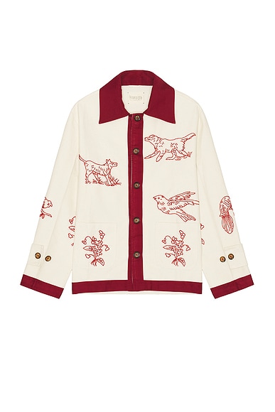 HARAGO Red Work Embroidered Blouson in Off White