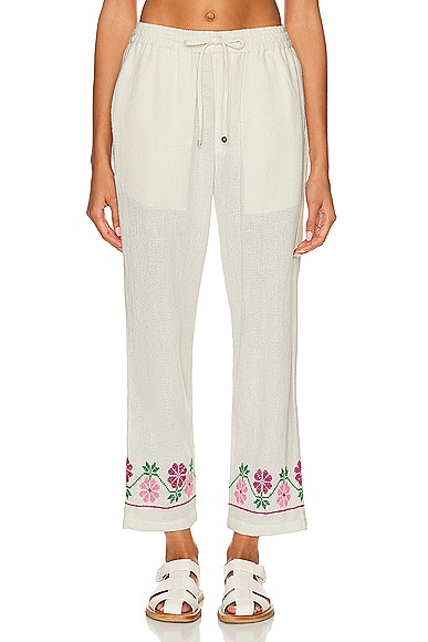 HARAGO Floral Embroidered Pants in Off White