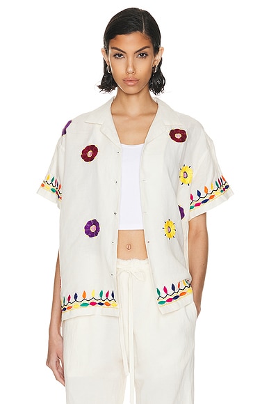 HARAGO Vintage Floral Embroidered Shirt in Off White