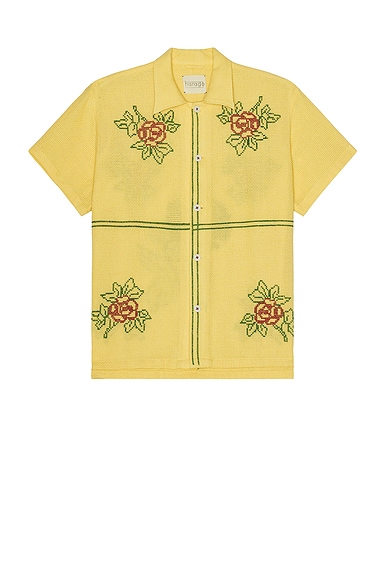 HARAGO Cross Stitch Floral Short Sleeve Shirt in Yellow