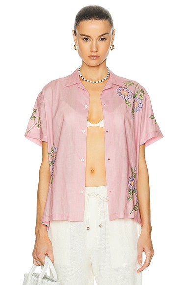 HARAGO Embroidered Short Sleeve Shirt in Pink