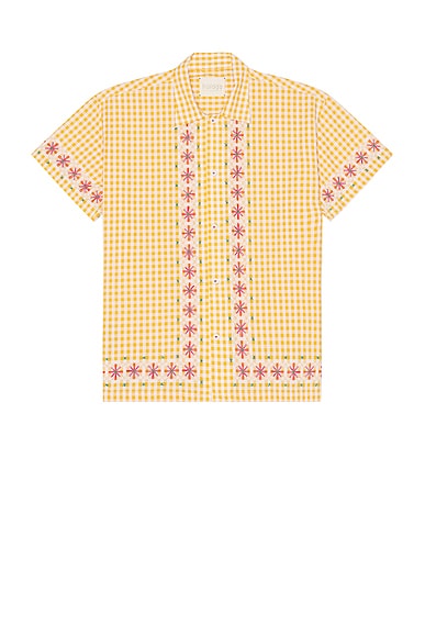 HARAGO Chicken-Scratch Short Sleeve Shirt in Yellow