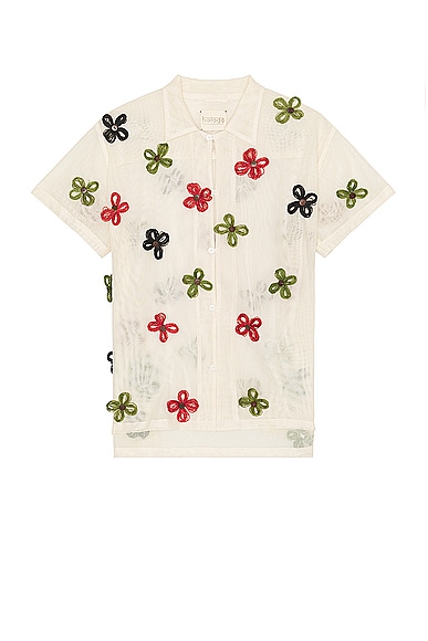 HARAGO 3D Floral Short Sleeve Shirt in Off White