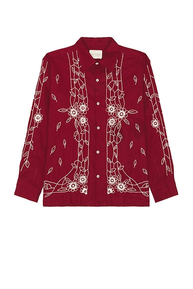 HARAGO Floral Embroidered Shirt in Burgundy