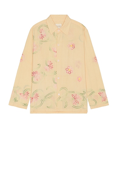 HARAGO Floral Embroidered Shirt in Light Yellow