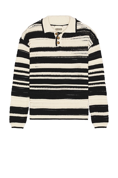 HARAGO Crochet Long Sleeve Polo Shirt in Black & White