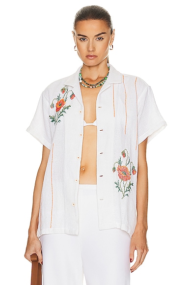 HARAGO Cross Stitch Embroidered Shirt in Off White