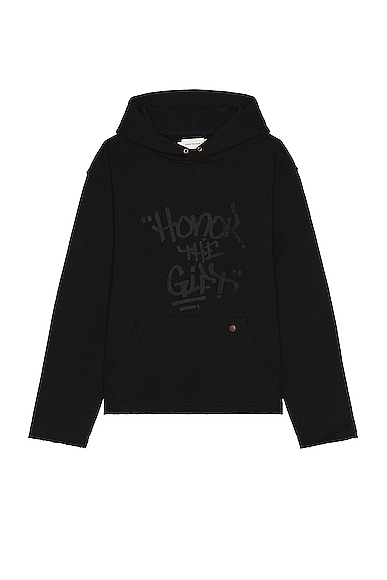 Honor The Gift Script Embroidered Hoodie in Black