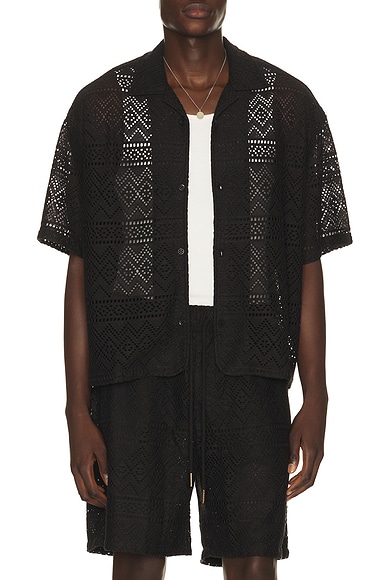 Honor The Gift Pointelle Crochet Camp Collar Shirt in Black