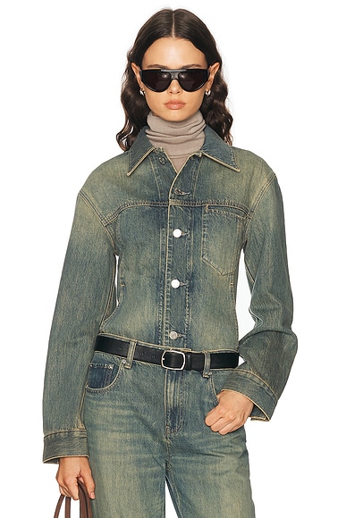 Helmut Lang Crop Tucker Denim Jacket in Heavy Tinted Blue