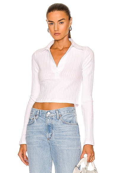 Helmut Lang Long Sleeve Crop Polo Top in White
