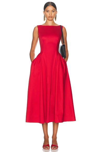 Helsa Stretch Cotton Sateen Midi Dress in Red