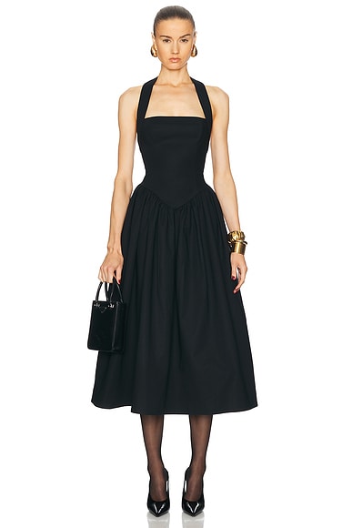 Helsa Faille Halter Midi Dress in Black