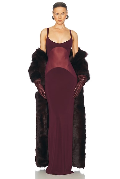 Helsa Sheer Knit Curve Maxi Dress in Merlot