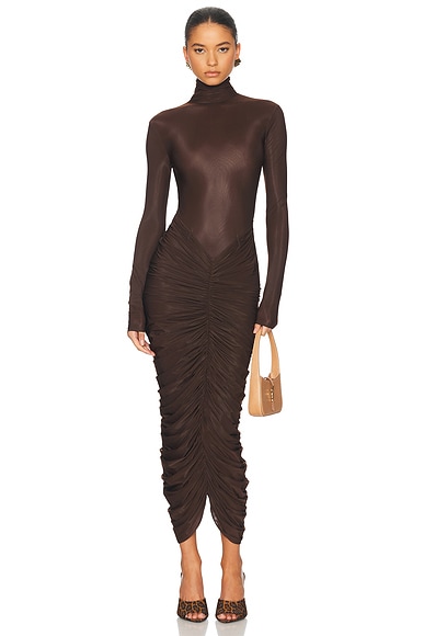 Helsa The Super Sheer Ruched Dress in Cocoa Brown
