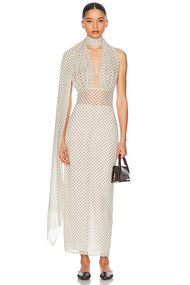 Helsa The Scarf Dress in Printed Silk Chiffon in Ivory & Black Dot