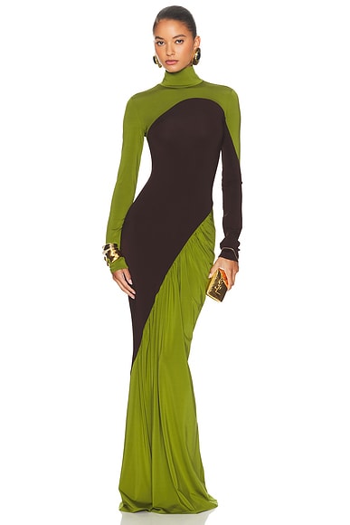 Helsa The Abstraction Color Blocked Jersey Dress in Pistachio & Coffee Bean
