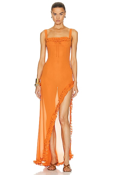 Helsa Sheer Ruffled Long Dress in Orange