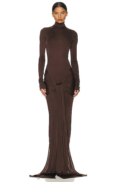 Helsa Slinky Jersey Sarong Maxi Dress in Chocolate Brown