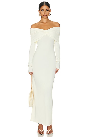 Helsa Matte Jersey Off Shoulder Maxi Dress in Ivory