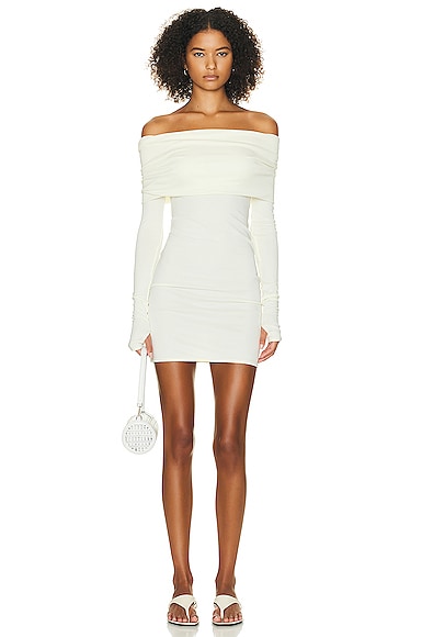 Helsa Matte Jersey Off Shoulder Mini Dress in Ivory
